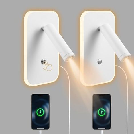 Lampe de chevet 3W + 9W 3000K, applique murale de lecture avec variateur d'intensité et port de chargement USB, blanche, lot de 2 (1/5)