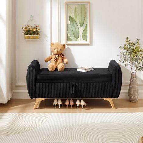 Banc pliant en velours côtelé avec espace de rangement et pieds en bois – 145 × 51 × 57 cm, pour la chambre, le salon et le couloir,Noir (1/5)
