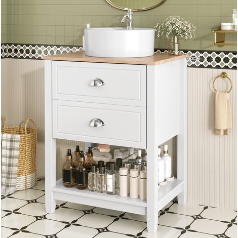 Mueble bajo lavabo 60x45x91 cm de MDF blanco y madera clara con lavabo redondo de cerámica - CHICFURN (1/5)