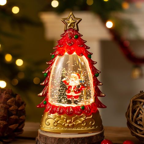 Boule à neige avec sapin de Noël et Père Noël illuminés, centre de table lumineux scintillant à piles pour la décoration de table des fêtes, rouge (1/5)