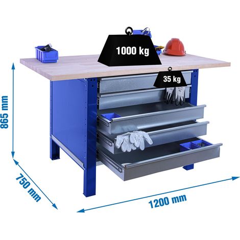 Simonrack Profi-Werkbank blau, Arbeitsplatte aus laminierter Buche