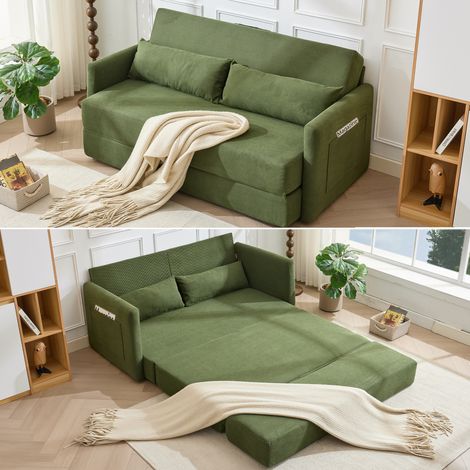 Canapé-lit de sol 2 places pliant velours côtelé vert, compact avec coussins et rangements (1/5)