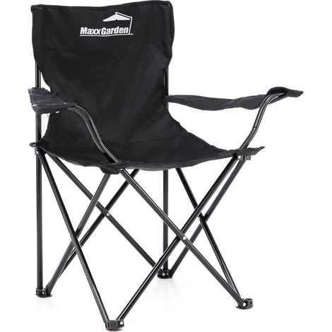 MaxxGarden Sedia da Campeggio - Sedia Pieghevole Adatta per Festival, Spiaggia, Campeggio, Pesca, ecc. Con Portabicchieri nel Bracciolo – Inclusa Borsa per il Trasporto - Colore: Nero (1/5)