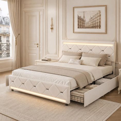 Lit double 160x200 cm avec 4 tiroirs, Lit adulte rembourré avec LED et ports USB Type-C, Design géométrique en velours, Sommier à lattes, Beige (1/5)