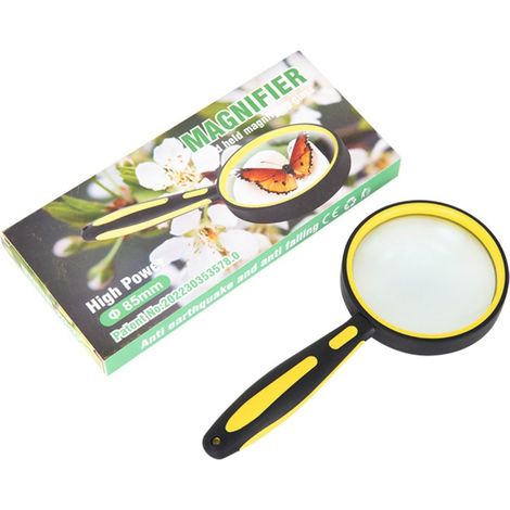 10-fach vergrößernde, kompatible Taschenlupe mit zweifarbigem gelbem Gummigriff, Glaslinse, ideal für Senioren, kreative Hobbys und die Bewertung von Antiquitäten. (1/3)