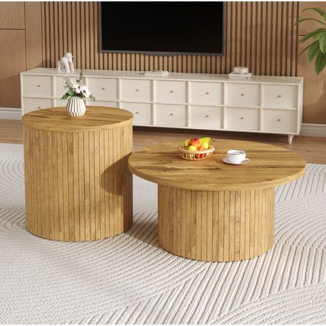Tavolino basso rotondo 2 pezzi, set impilabile in MDF colore naturale DESVIAE (1/5)