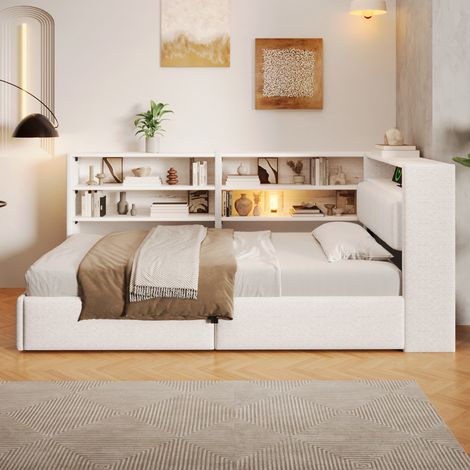 Lit banquette 90 x 200 cm, lit coffre avec rangement hydraulique, prise électrique, USB, éclairage LED, rangement latéral modulable, velours blanc (1/5)