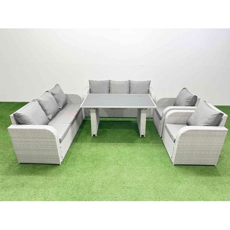 Fimous 8 Seater Wicker PE Rattan Furniture Outdoor Dining Table 3 Seater Sofa Reclining Chair Set Light Grey (1/4)