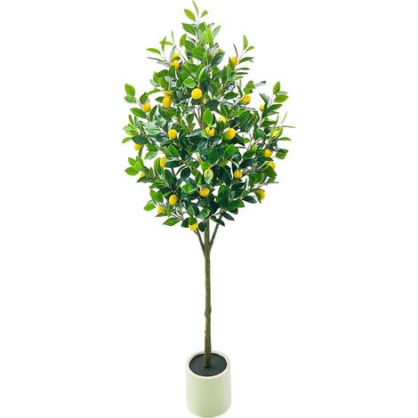 Realistischer Zitronenbaum künstlich 150 cm im weißen Topf, Große Kunstpflanze mit lebensechten gelben Früchten, Deko-Baum für Wohnzimmer, Büro, Schlafzimmer und Innenbereich (1/5)