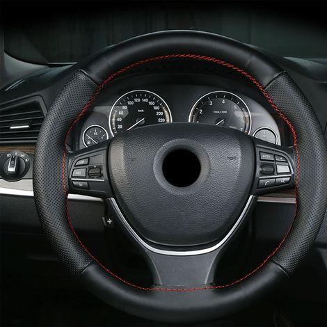 Volant Voiture 38cm Housse Cuir Universelle Noire Lignes Rouges Respirant Confortable Toucher Doux Anti-Dérapant (1/5)