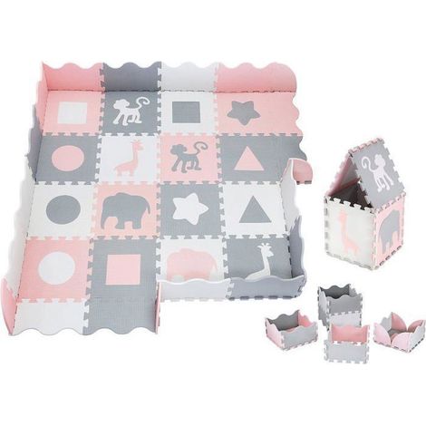 Tapis puzzle d'éveil bébé - Mousse EVA rose - 16 pièces - 150 x 150 cm