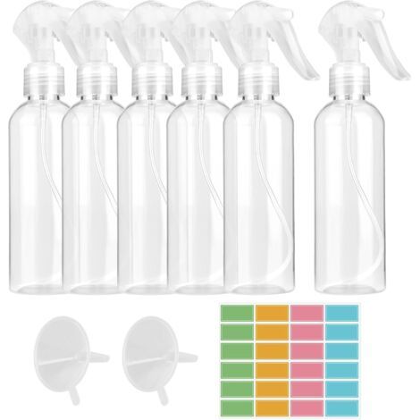 6-teiliges Set mit 200-ml-Sprühflaschen für feinen Sprühnebel, inklusive 24 Etiketten und 2 Trichtern, PET-Flasche, ideal für Haushalt, Garten, Friseursalon, Pflanzen und Blumen. (1/5)