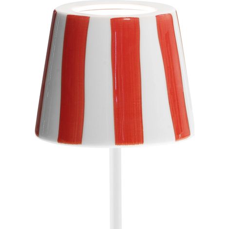 Lampada a led da tavolo Poldina Lido a righe rosse ricaricabile e dimmerabile con batteria fino a 12 ore. Per uso esterno IP65