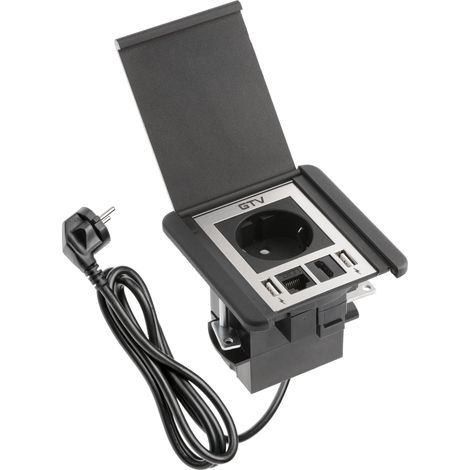 GTV - Multipresa da Scrivania FLIP, Presa per Mobili da Incasso, 1 Presa Schuko, 2 USB A, 1 RJ45, 1 HDMI, Cavo 1,5 m, Presa A Scomparsa Top Cucina - Nero