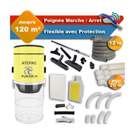 Aspirateur central PURAIR IV garantie 5 ans + flexible rétractable 12 m avec housse de protection + poignée marche/arrêt + 7 accessoires + kit 1 prise RETRAFLEX + kit prise balai (rayon d'action 120 m (1/5)
