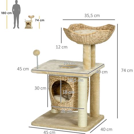 Arbre à chat avec niche, plateforme de repos et balle de jeu, 45 x 40 x 74 cm, beige (1/5)