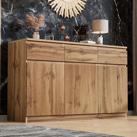 Credenza da cucina in legno con 3 ante e 3 cassetti, mobile contenitore, 135x40x81 cm (1/5)