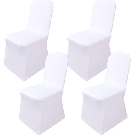 Lot de 4 housses de chaise extensibles en polyester et élasthanne, blanches, idéales pour décorer les chaises lors de mariages, fêtes et banquets. (1/5)
