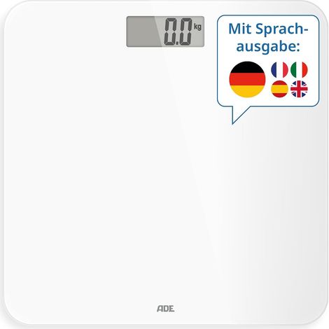 Pèse-personne parlant Gina Fonction vocale et annonce du poids jusqu'à 250 kg 5 langues Pèse-personne numérique en verre de sécurité (1/5)
