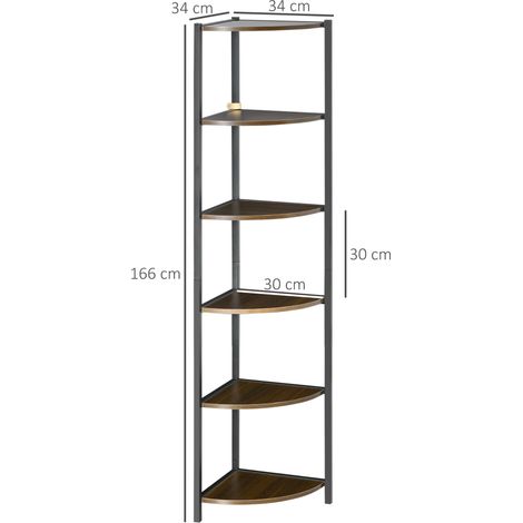 Bibliothèque d'angle moderne en métal et MDF (avec 6 étagères), 34x34x166cm, marron et noir. (1/5)