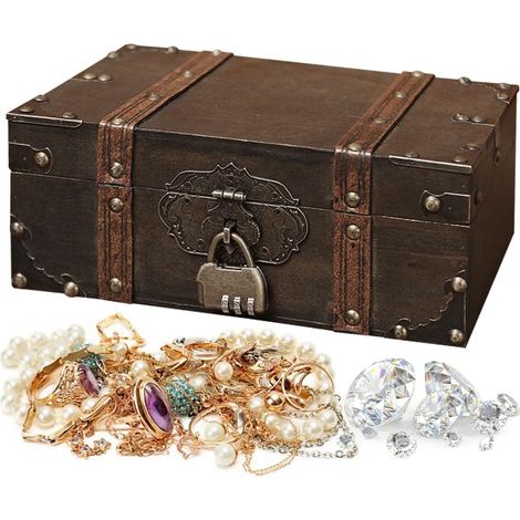 Coffre au Trésor Boîte en Bois, Coffre au Trésor avec Cadenas, pour ranger des colliers, des boucles d'oreilles, des bagues - rouge, 24 x 17 x 9.5cm (1/5)