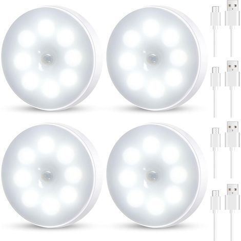 Lot de 4 veilleuses à détecteur de mouvement à LED, 8,4 cm, sans fil, rechargeables, pour l'intérieur, Lumière blanche (1/5)