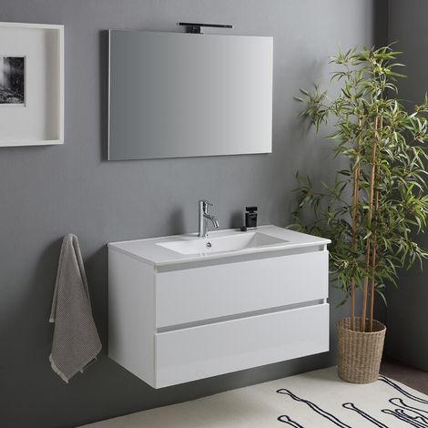 Kiamami Valentina – Meuble de salle de bain suspendu 90 cm – 2 tiroirs blanc laqué – Vasque céramique avec trop-plein – Miroir 90x60 cm avec lampe (1/5)