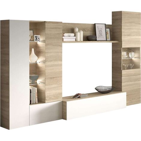 Mueble salon Macael en roble canadian y blanco brillo con led 185 cm(alto)260 cm(ancho)42 cm(largo)