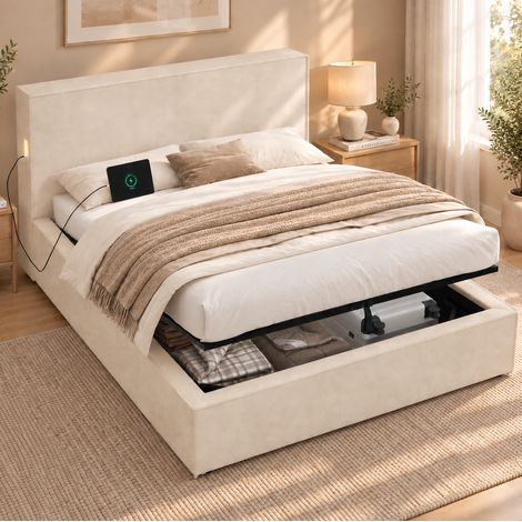 Lit coffre 120x200 cm en tissu chenille beige, avec sommier, gain de place, sans matelas – MEUBLIV (1/5)