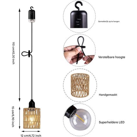 Lustre à piles - Suspension extérieure - Avec télécommande - Lumière blanc chaud - 1 pièce - Brun naturel (1/4)