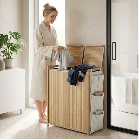 Cesto portabiancheria in bambù naturale 63x33x78 cm con contenitori FLORAGRACE (1/5)