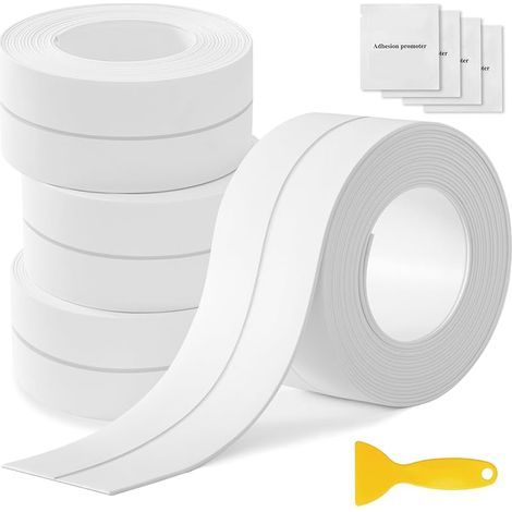 4 Rouleaux Joint Salle de Bain, Ruban Adhésif Blanc/Gris, Bande D'étanchéité Autocollante, Ruban de Calfeutrage Imperméable pour Baignoire, Douche, Toilettes, Cuisine (Blanc) (1/5)