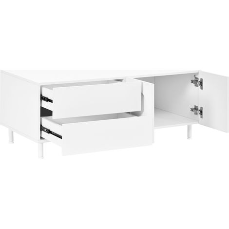 Ensemble meuble TV et table basse avec portes arcées en panneaux de particules et MDF, pieds en acier, rangement pour salon blanc (1/5)