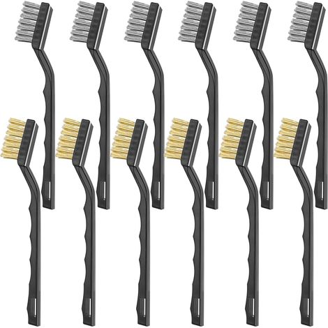 12 petites brosses métalliques, 16,9 cm environ, dont 6 brosses de nettoyage en acier inoxydable et 6 brosses en laiton à manches incurvés et poils métalliques pour le nettoyage des résidus de soudure (1/5)