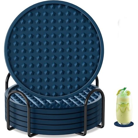 Lot de 6 sous-verres – Sous-verres – Dessous de plat résistants à la chaleur – Avec support – 10 x 10 x 0,5 cm – Silicone – Bleu (1/5)