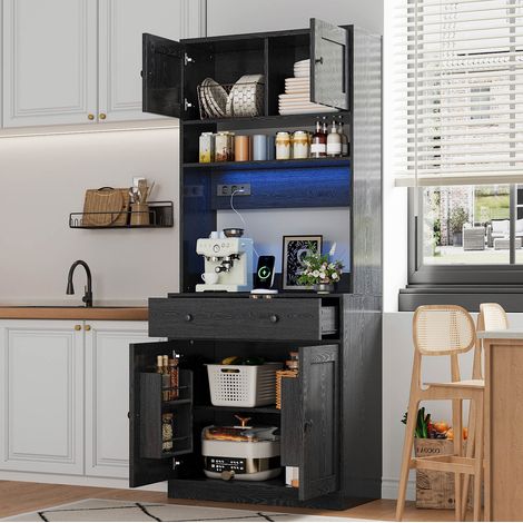 Credenza da cucina H 180 cm con illuminazione a LED, porte USB, ampio cassetto contenitore, ripiani, MDF nero (1/5)