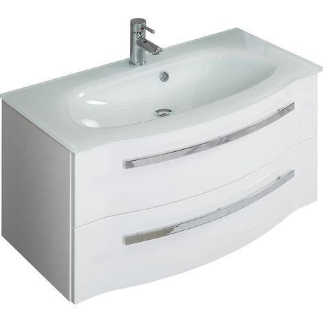 Badmöbel Einzelwaschtisch FES-4005-66 in Hochglanz Lack Polarweiß, gerundete Front, Schubladen mit Vollauszug - B/H/T: 92/49,7/49,1cm (1/4)