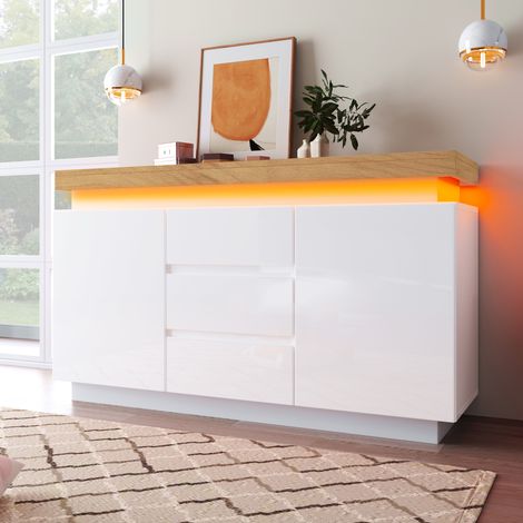 Buffet LED blanc 140 cm, tiroirs silencieux HAVRYA (1/5)