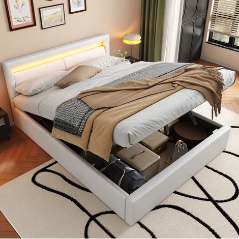 Cama tapizada moderna 140x190 cm con cabecero LED, arcón de almacenaje y somier de láminas, PU blanco (1/5)