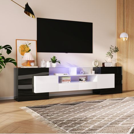 Mueble TV 200x35x60 cm en paneles de madera y MDF negro, con almacenaje, para salón FloraGrace (1/5)