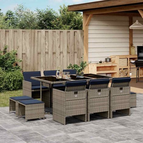 vidaXL Conjunto de comedor de jardín de 11 piezas con cojines, poliratán gris (1/5)