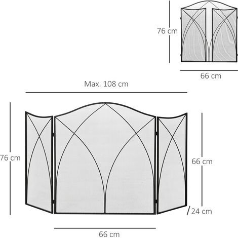Funkenschutz für Kamine, dreifach faltbar, Metallstruktur, Beschichtung, 108x2x76 cm, Schwarz (1/5)