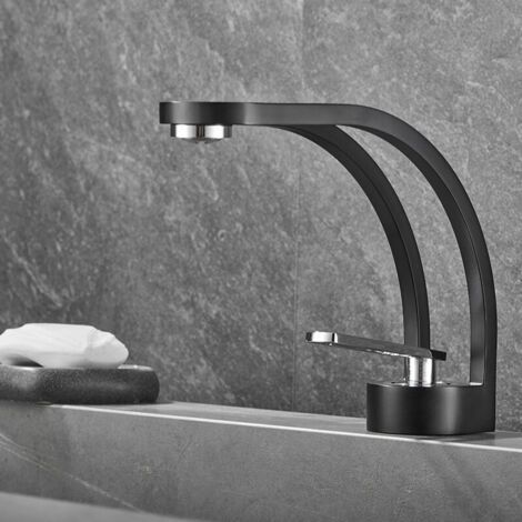 Moderner kreativer Design-Badezimmerhahn, schwarzer Waschtischhahn, Badezimmermischbatterie, Einloch-Waschtischhahn, Messing (Schwarz & Silber) MUMU