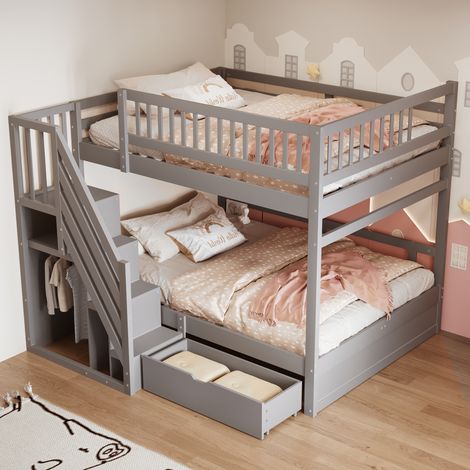 Lit mezzanine en bois 140x200 cm avec échelle de rangement, barrière haute, tiroirs, gris (1/5)
