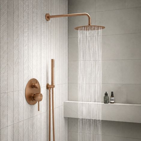 Set doccia con miscelatore a due vie completo di soffione 25 cm braccio 40 cm e kit doccetta in oro rosa Gedy (1/4)