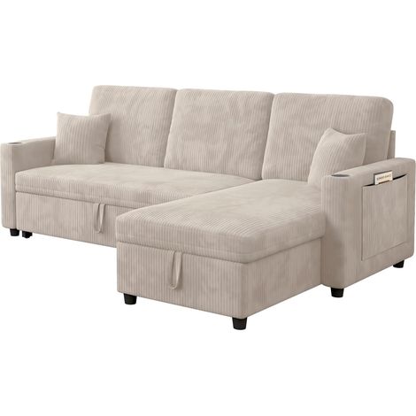 Sofá cama esquinero modular con almacenaje, puertos USB y Type-C, portavasos, pana beige (1/5)