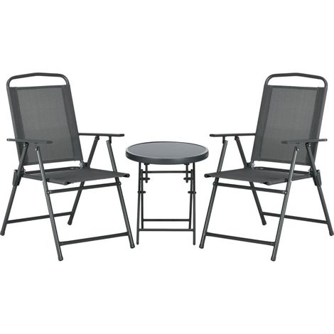 Ensemble jardin trois pièces avec table à plateau en verre. Couleur gris foncé, idéal pour se détendre confortablement en extérieur. (1/5)