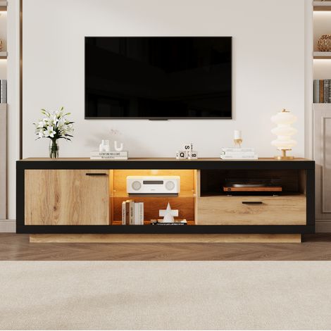 MEUBLIV Meuble TV 160 cm noir et chêne – LED, rangement, 2 colis (1/5)