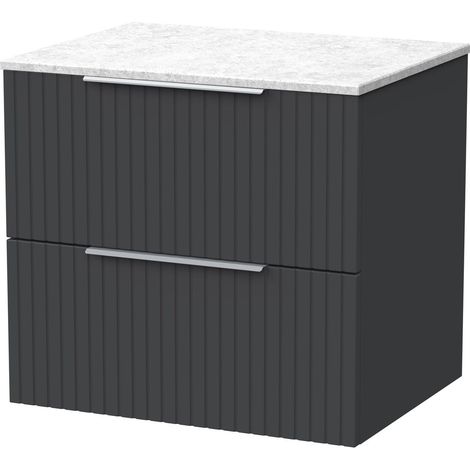 Callingwood Contemporary Wall Hung 2 Drawer Vanity Unit with White Marble Worktop , 600mm, Dark Grey