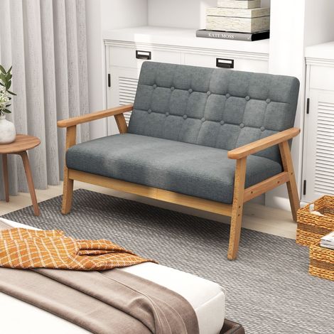 Canapé Causeuse en Lin Causeuse Rembourrée 2 Places avec Cadre en Bois d'Hévéa et Design Capitonné Classique Chaise Rembourrée du Milieu du Siècle Gris Maison Chic (1/5)